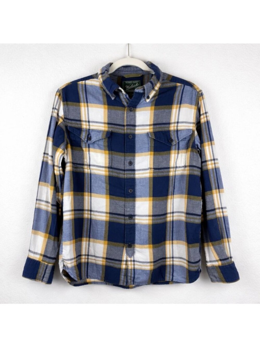 Woolrich Plaid Flannel Shirt Blue Yellow Mens Medium Organic Cotton Farm Cottage